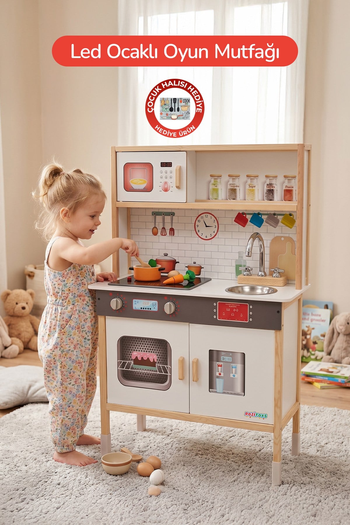 Ahşap Oyuncak Mutfak Montessori Mutfak, Led Ocaklı Çocuk Mutfağı, Hediye Halı DBK101