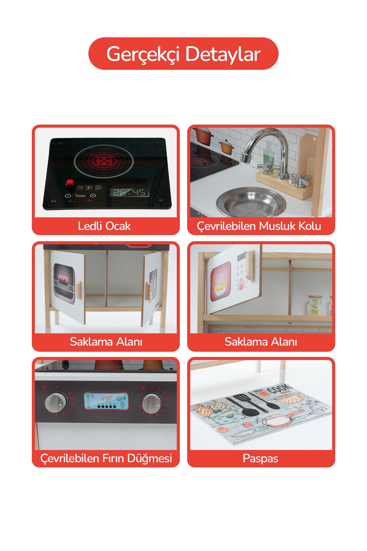 Ahşap Oyuncak Mutfak Montessori Mutfak, Led Ocaklı Çocuk Mutfağı, Hediye Halı DBK101