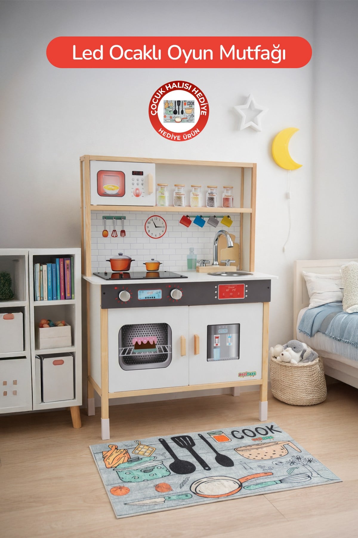 Ahşap Oyuncak Mutfak Montessori Mutfak, Led Ocaklı Çocuk Mutfağı, Hediye Halı DBK101