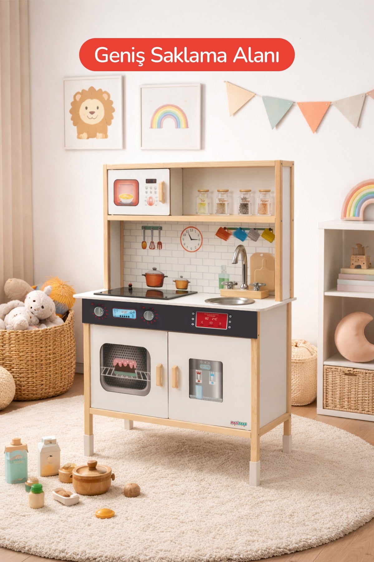 Ahşap Oyuncak Mutfak Montessori Mutfak, Led Ocaklı Çocuk Mutfağı, Hediye Halı DBK101