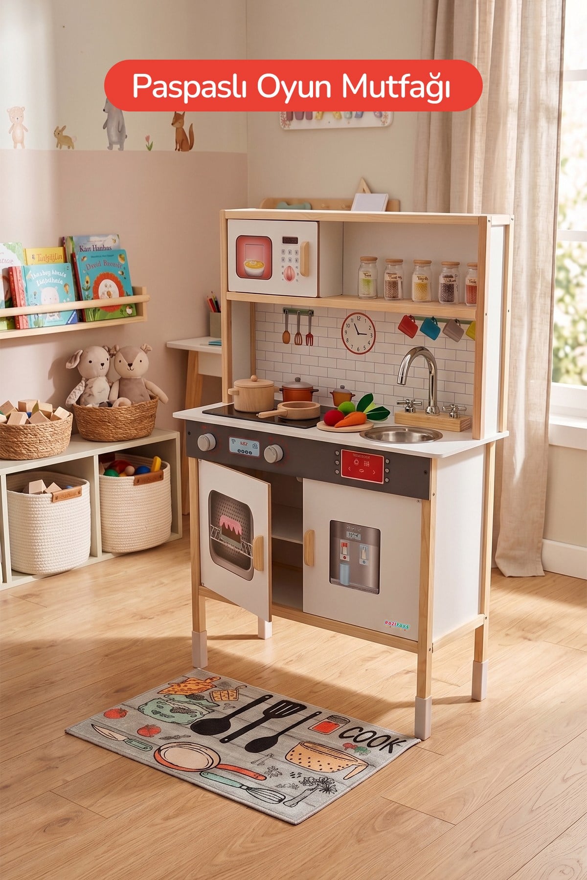 Ahşap Oyuncak Mutfak Montessori Mutfak, Led Ocaklı Çocuk Mutfağı, Hediye Halı DBK101