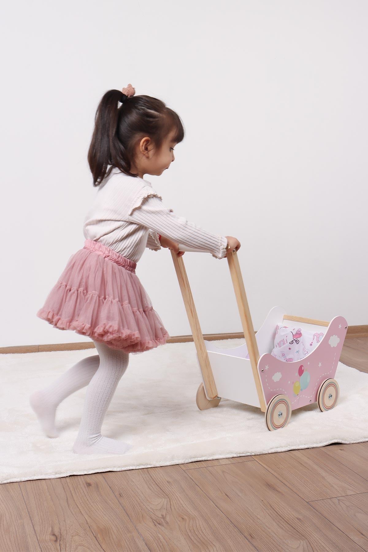 Ahşap Oyuncak Taşıma Arabası, Pembe Ahşap Yürüteç, Oyuncak Bebek Arabası