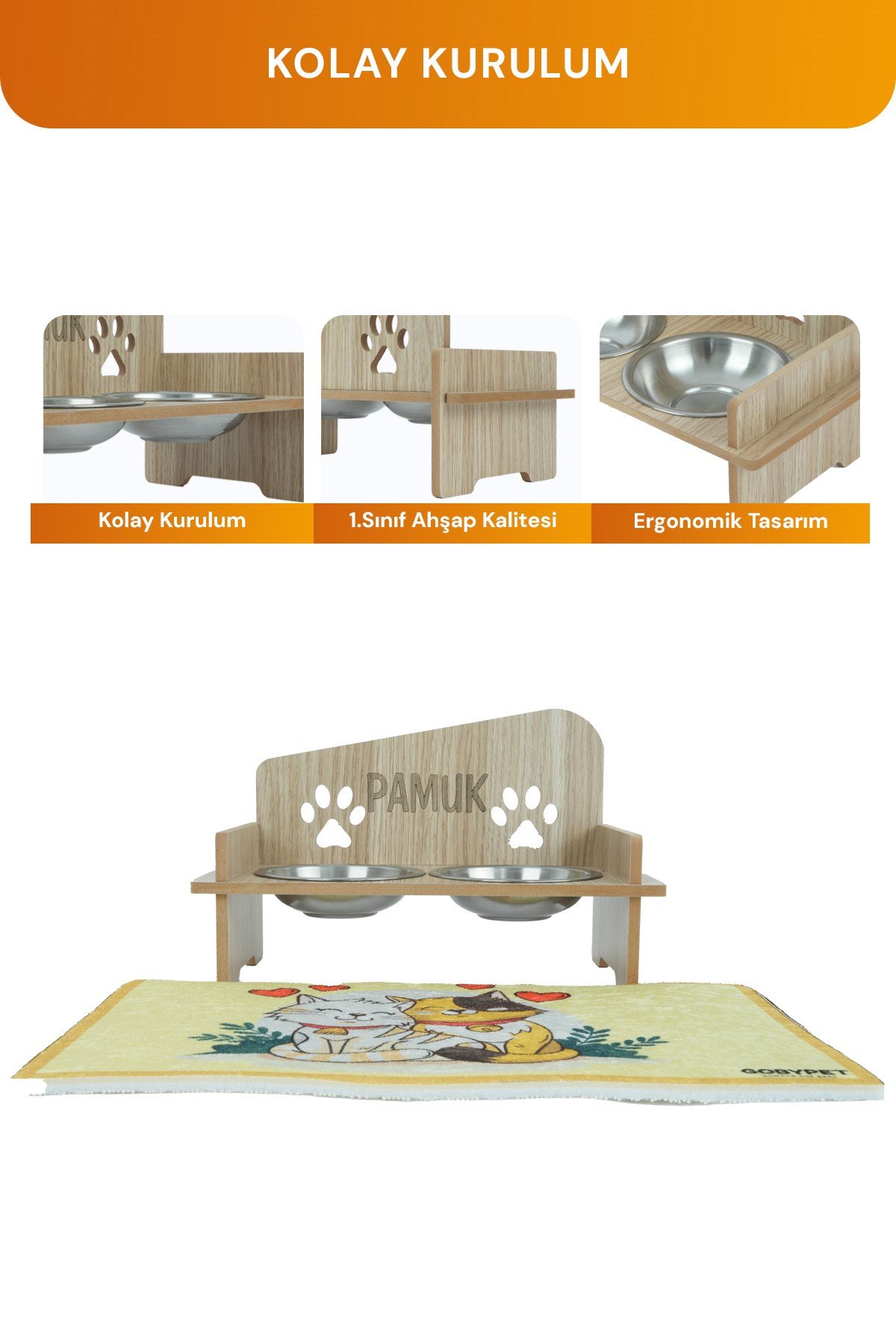 Ahşap Özel İsim Baskılı, Kare Kedi Köpek Mama Su Kabı Standı, Metal Suluk, Kedi Köpek Halısı