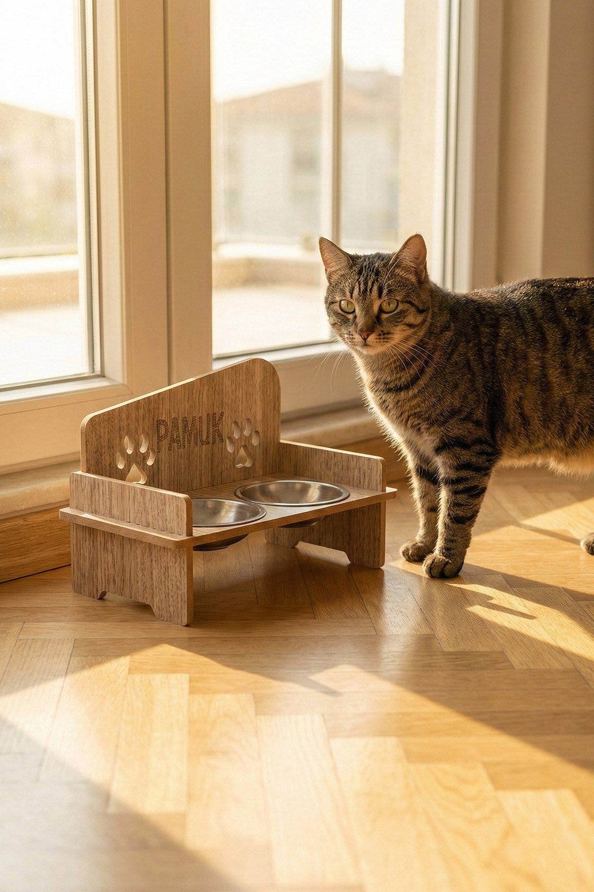 Ahşap Özel İsim Baskılı, Kare Kedi Köpek Mama Su Kabı Standı, Metal Suluk, Kedi Köpek Halısı