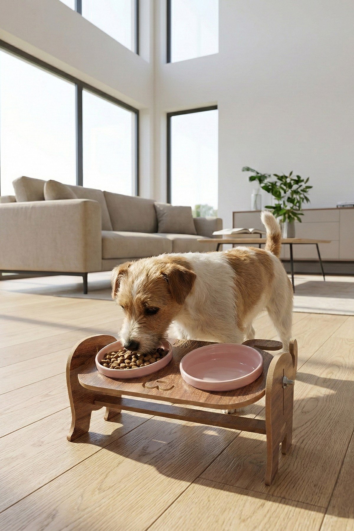 Ahşap Özel Isim Baskılı, Köpek Seramik Mama Su Kabı Standı