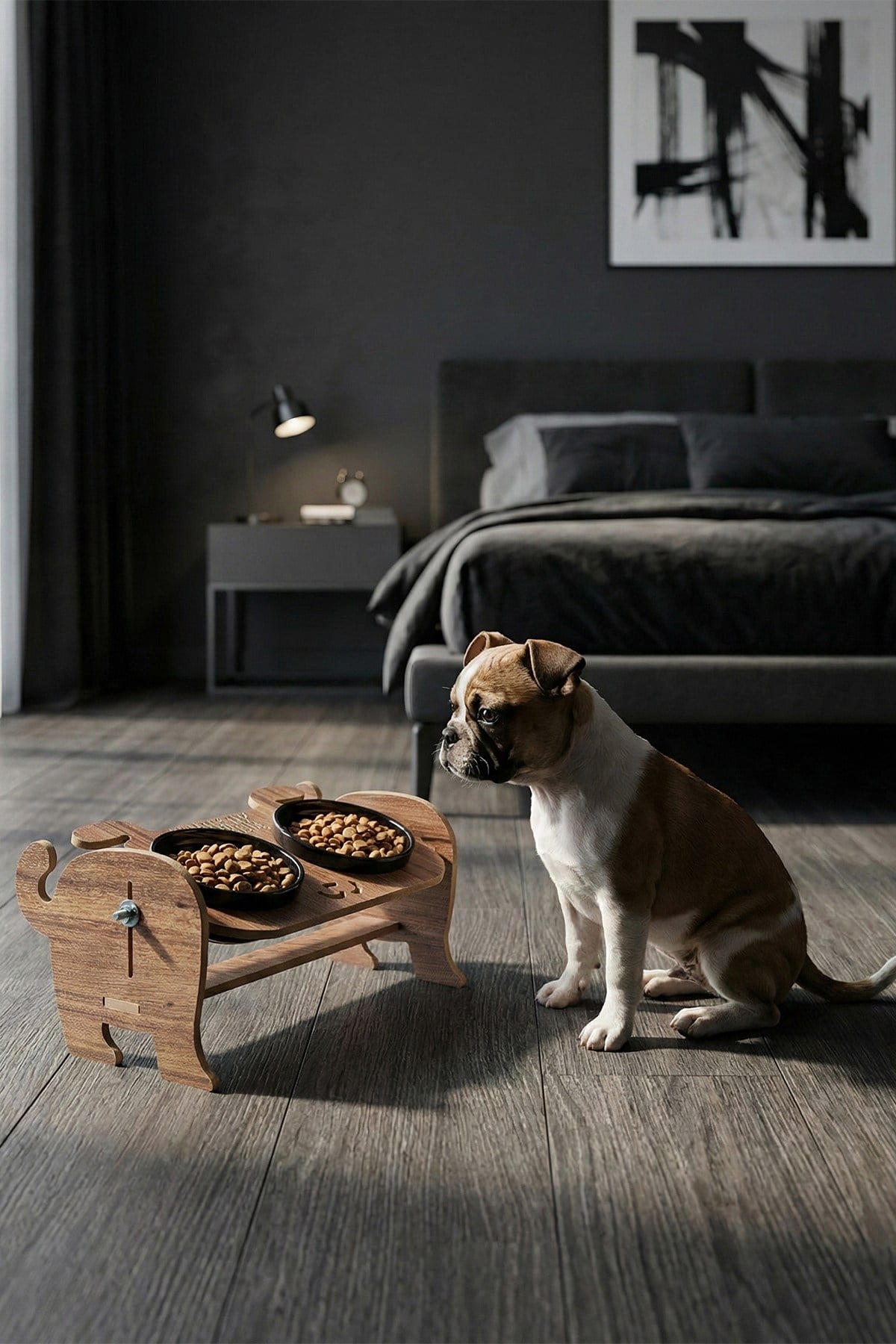 Ahşap Özel Isim Baskılı, Köpek Seramik Mama Su Kabı Standı