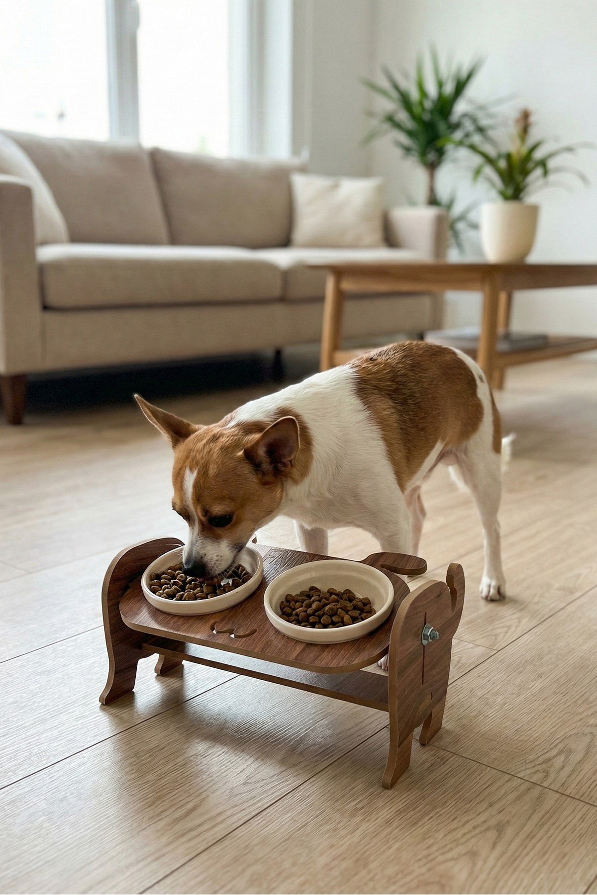 Ahşap Özel Isim Baskılı, Köpek Seramik Mama Su Kabı Standı