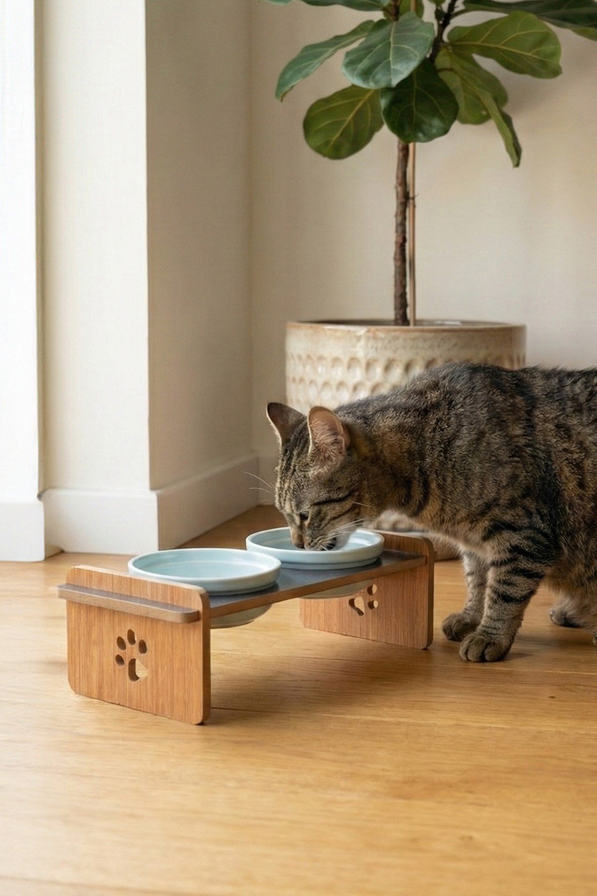 Ahşap Standlı Seramik Kaseli Kedi Ve Köpekler İçin Mama-Su Kabı Antrasit