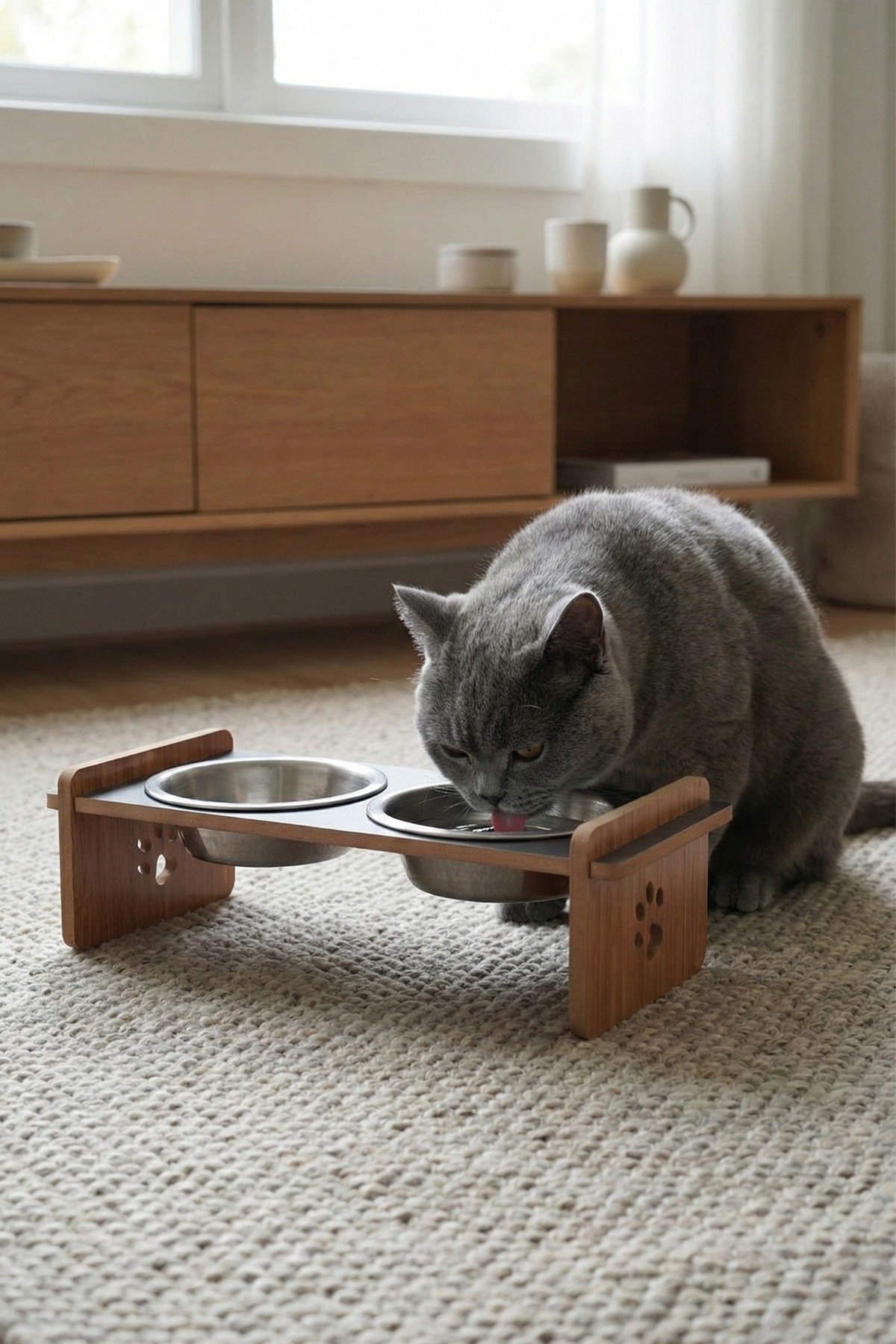 Ahşap Standlı Seramik Kaseli Kedi Ve Köpekler İçin Mama-Su Kabı Antrasit