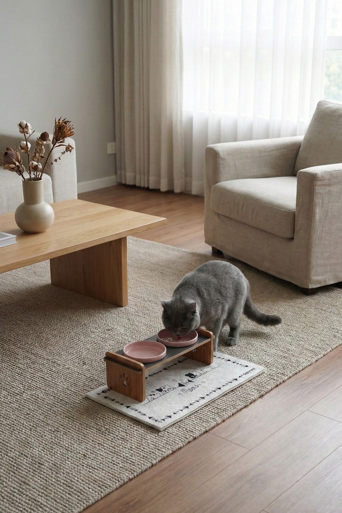Ahşap Standlı Seramik Kaseli Kedi Ve Köpekler İçin Mama-Su Kabı Antrasit