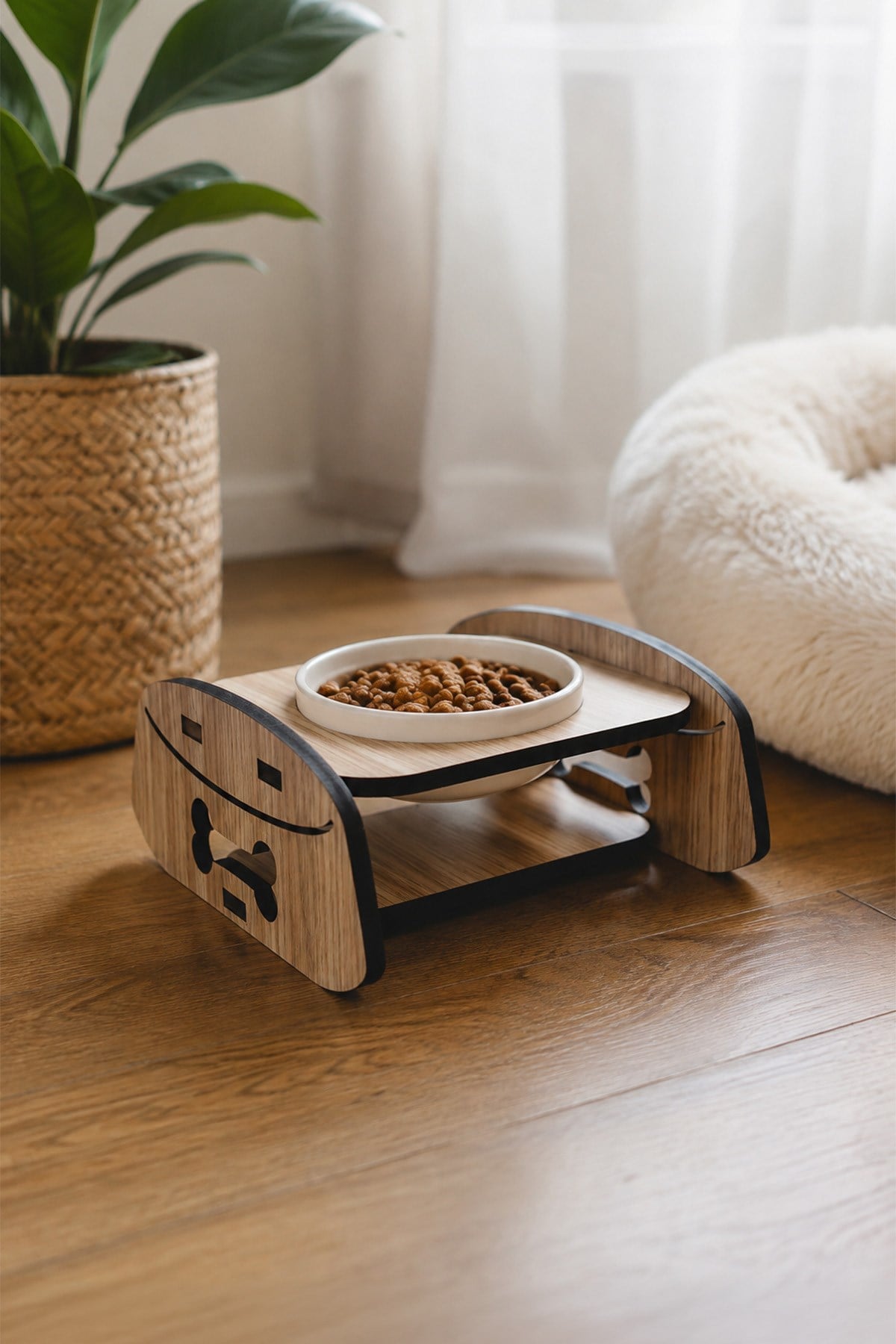 Ahşap Standlı Tekli Küçük-Orta Irk Köpek ve Kediler İçin Mama Veya Su Kabı