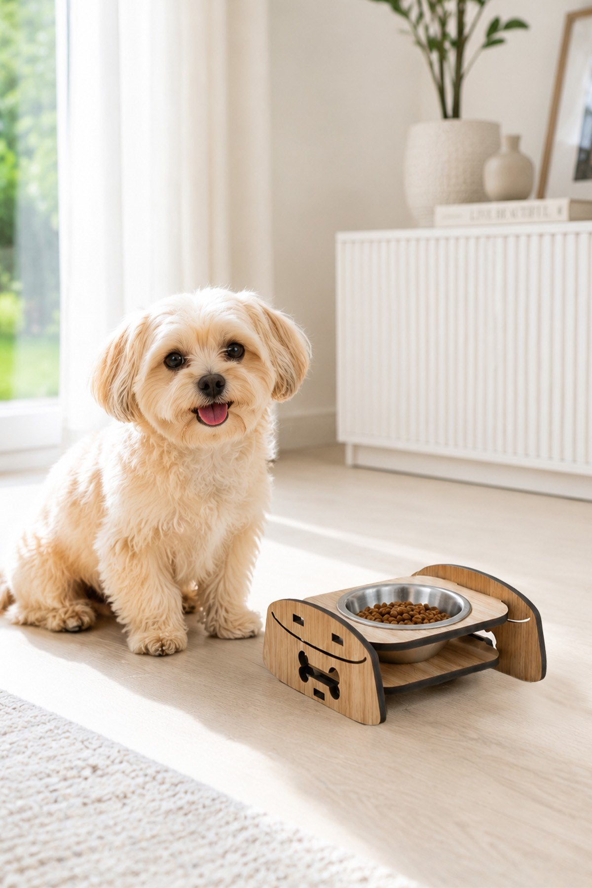 Ahşap Standlı Tekli Küçük-Orta Irk Köpek ve Kediler İçin Mama Veya Su Kabı