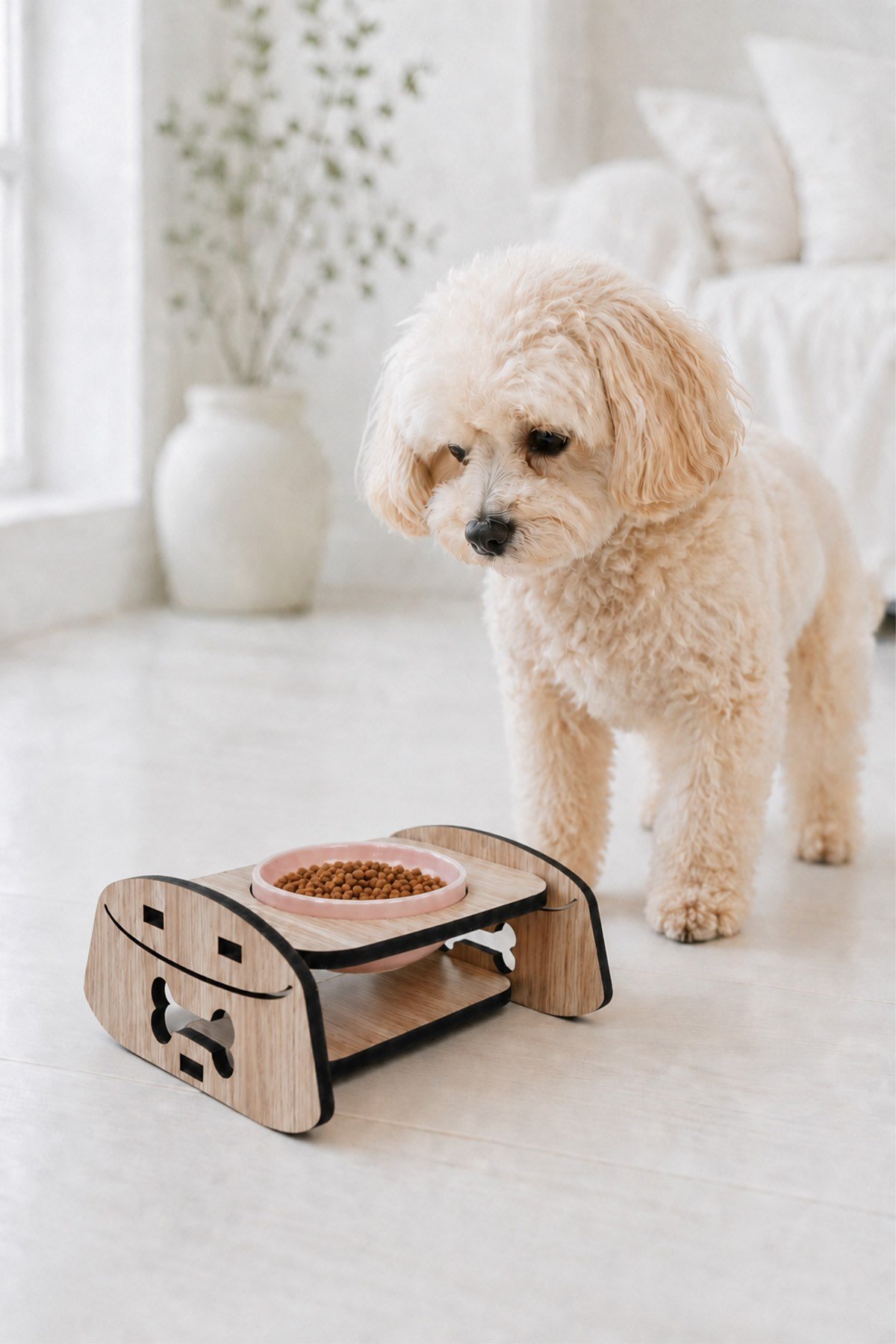 Ahşap Standlı Tekli Küçük-Orta Irk Köpek ve Kediler İçin Mama Veya Su Kabı