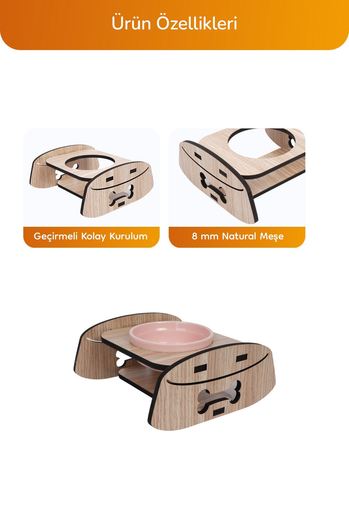 Ahşap Standlı Tekli Küçük-Orta Irk Köpek ve Kediler İçin Mama Veya Su Kabı