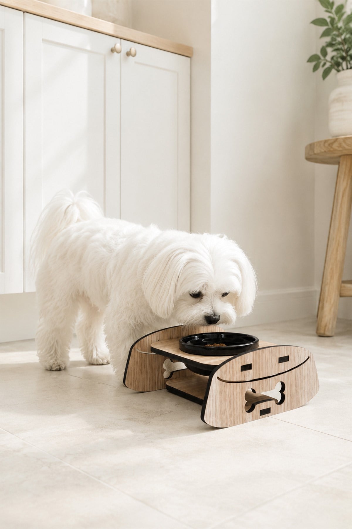 Ahşap Standlı Tekli Küçük-Orta Irk Köpek ve Kediler İçin Mama Veya Su Kabı