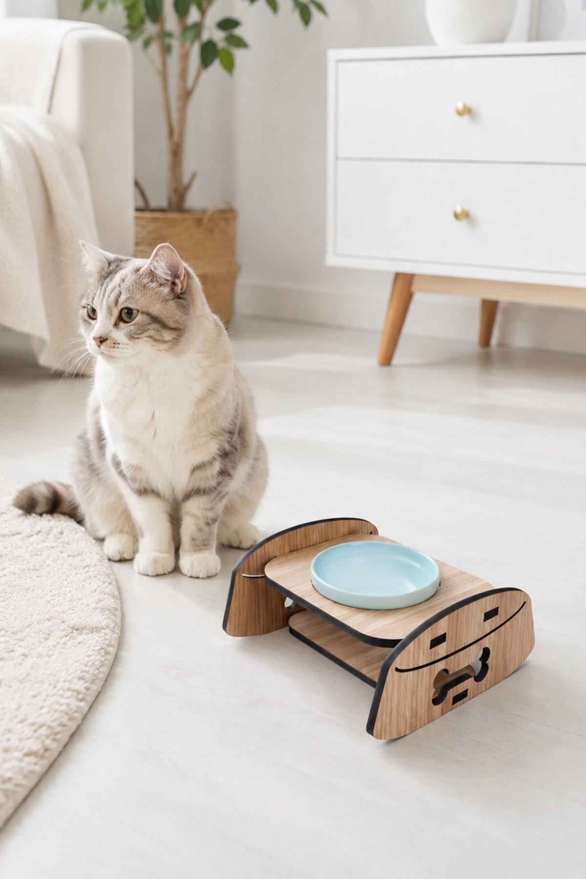 Ahşap Standlı Tekli Küçük-Orta Irk Köpek ve Kediler İçin Mama Veya Su Kabı