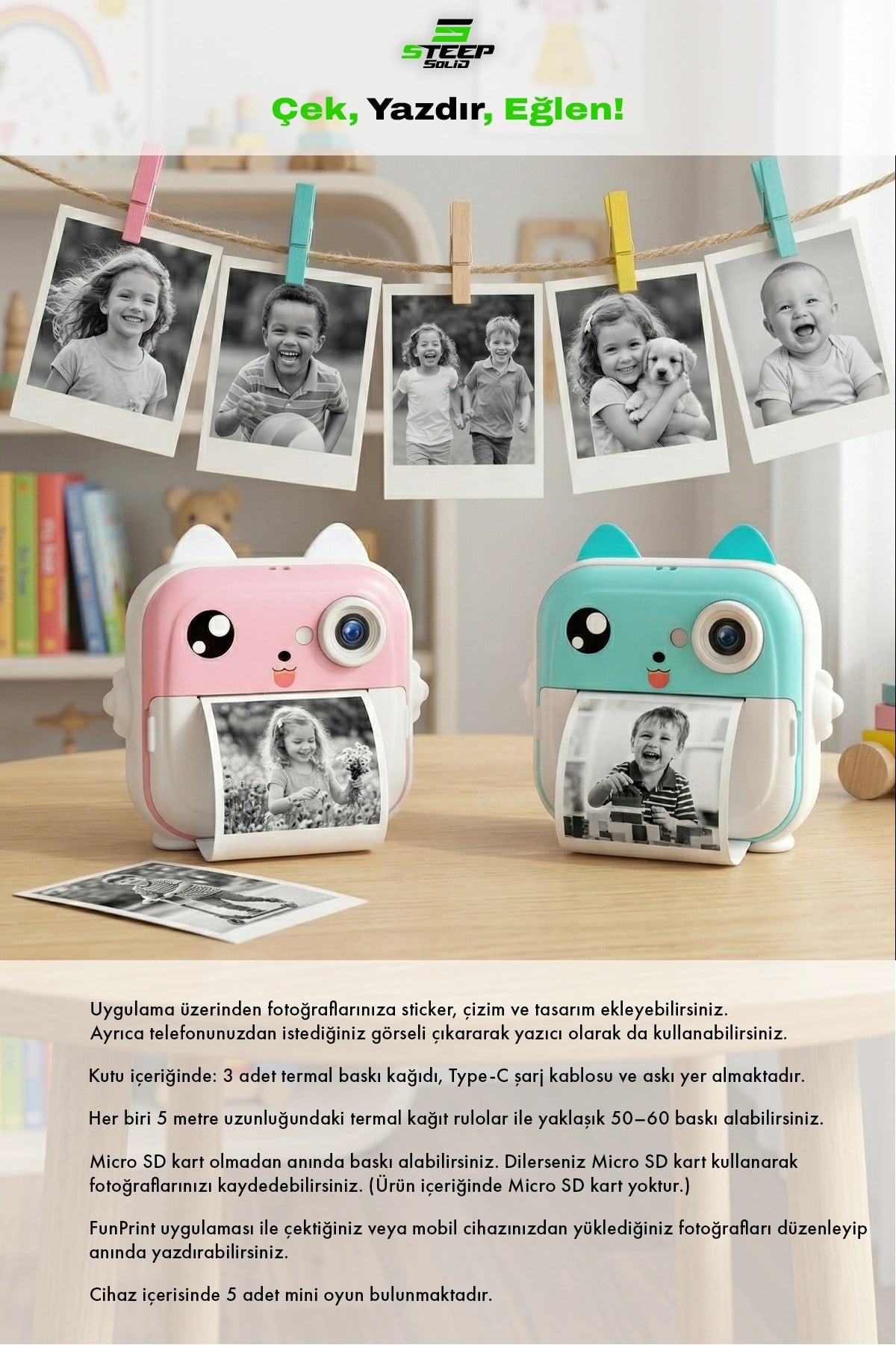 Anlık Termal Yazıcılı Dijital Çocuk Kamerası 2.4 İnç HD Şipşak Fotoğraf Makinesi (Pembe)