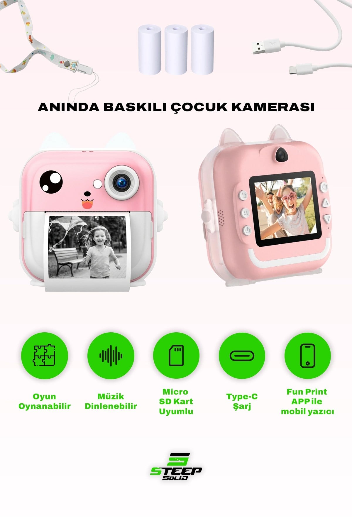 Anlık Termal Yazıcılı Dijital Çocuk Kamerası 2.4 İnç HD Şipşak Fotoğraf Makinesi (Pembe)
