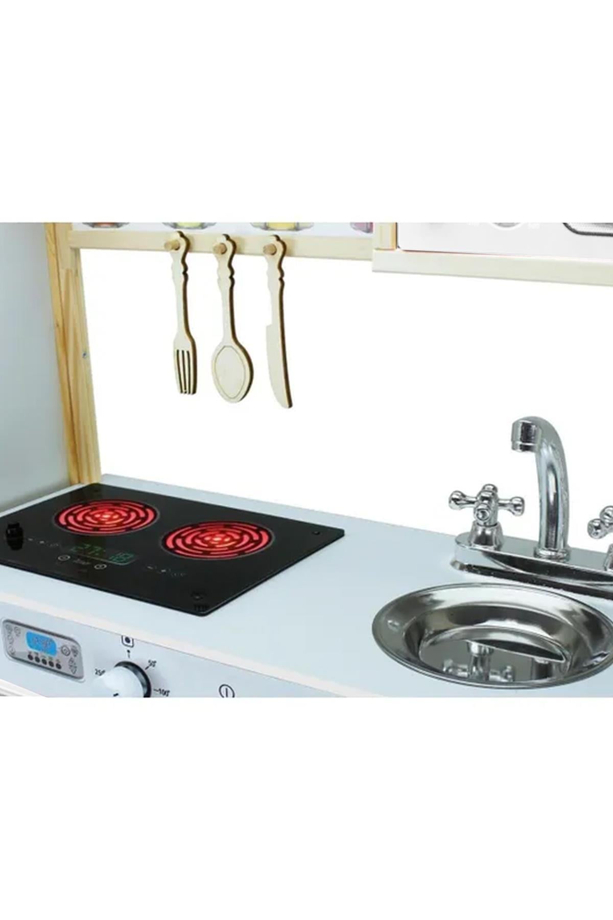 Beyaz Ahşap Ledli Çocuk Mutfağı Beyaz, Ahşap Mutfak Oyuncağı, Hediye Çocuk Halısı Dbk103