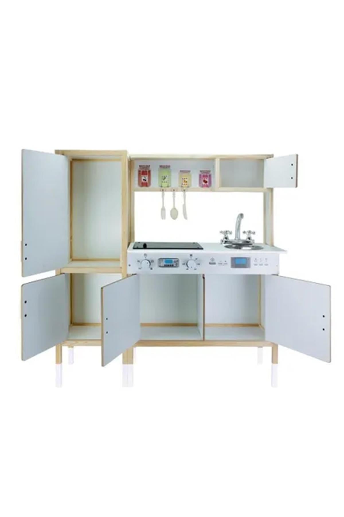 Beyaz Ahşap Ledli Çocuk Mutfağı Beyaz, Ahşap Mutfak Oyuncağı, Hediye Çocuk Halısı Dbk103