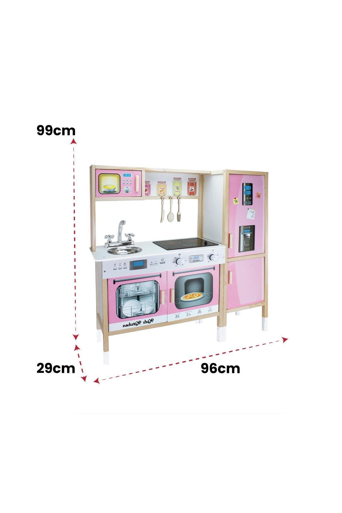 ÇG107 Pembe Ahşap Ledli Çocuk Mutfağı Pembe, Ahşap Mutfak Oyuncağı, Hediye Çocuk Halısı T1013