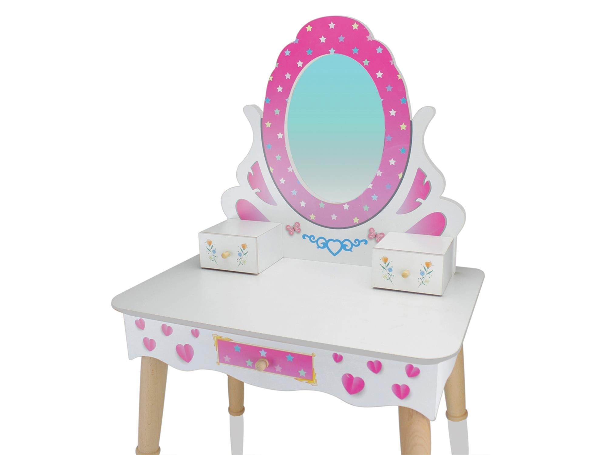 ÇG68 Ahşap Çocuk Makyaj Masası Seti Tabureli, Pembe Makyaj Masası Seti, Hediye Çocuk Halısı T3006
