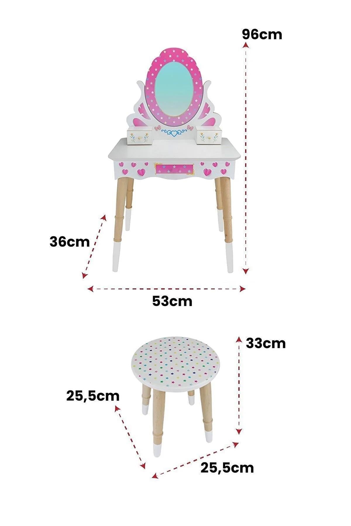 ÇG68 Ahşap Çocuk Makyaj Masası Seti Tabureli, Pembe Makyaj Masası Seti, Hediye Çocuk Halısı T3006