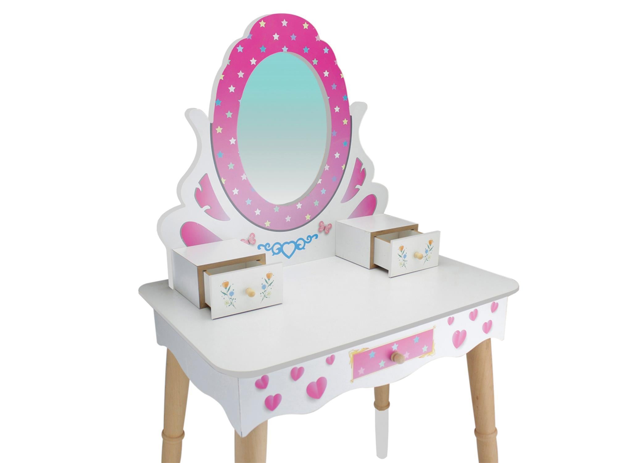 ÇG68 Ahşap Çocuk Makyaj Masası Seti Tabureli, Pembe Makyaj Masası Seti, Hediye Çocuk Halısı T3006