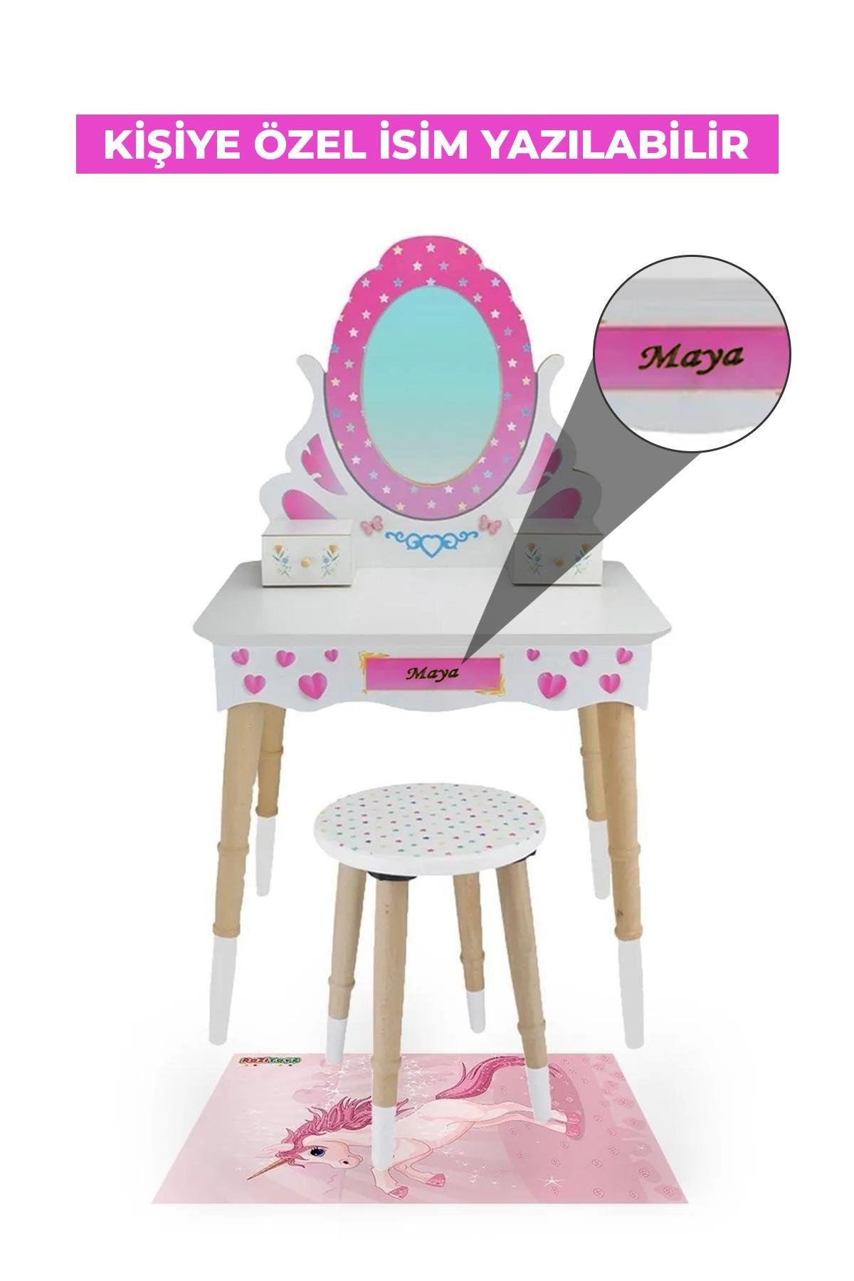 ÇG68 Ahşap Çocuk Makyaj Masası Seti Tabureli, Pembe Makyaj Masası Seti, Hediye Çocuk Halısı T3006