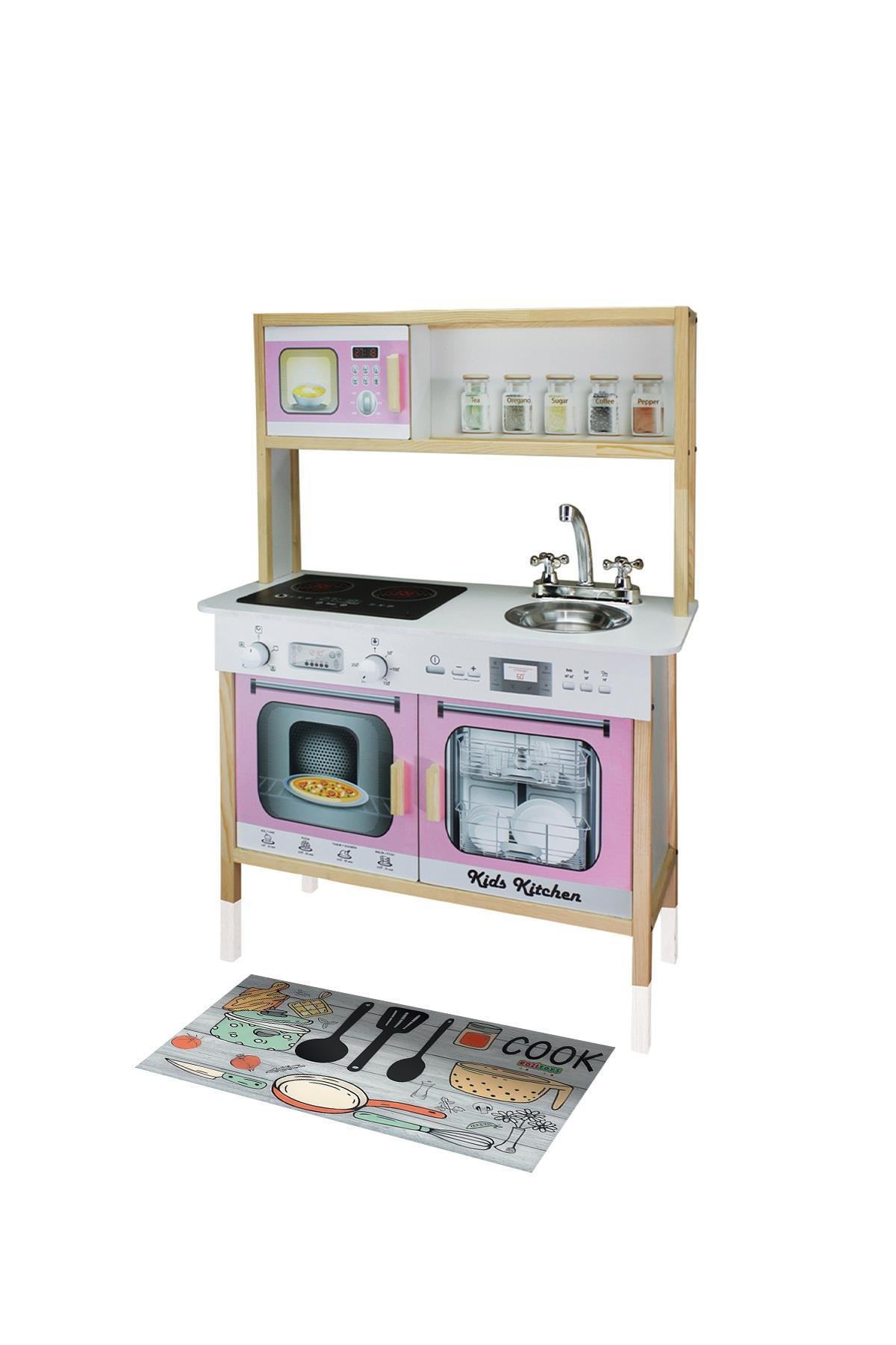 ÇG78 Ahşap Ledli Çocuk Mutfağı Pembe, Ahşap Mutfak Oyuncağı, Hediye Çocuk Halısı T1005