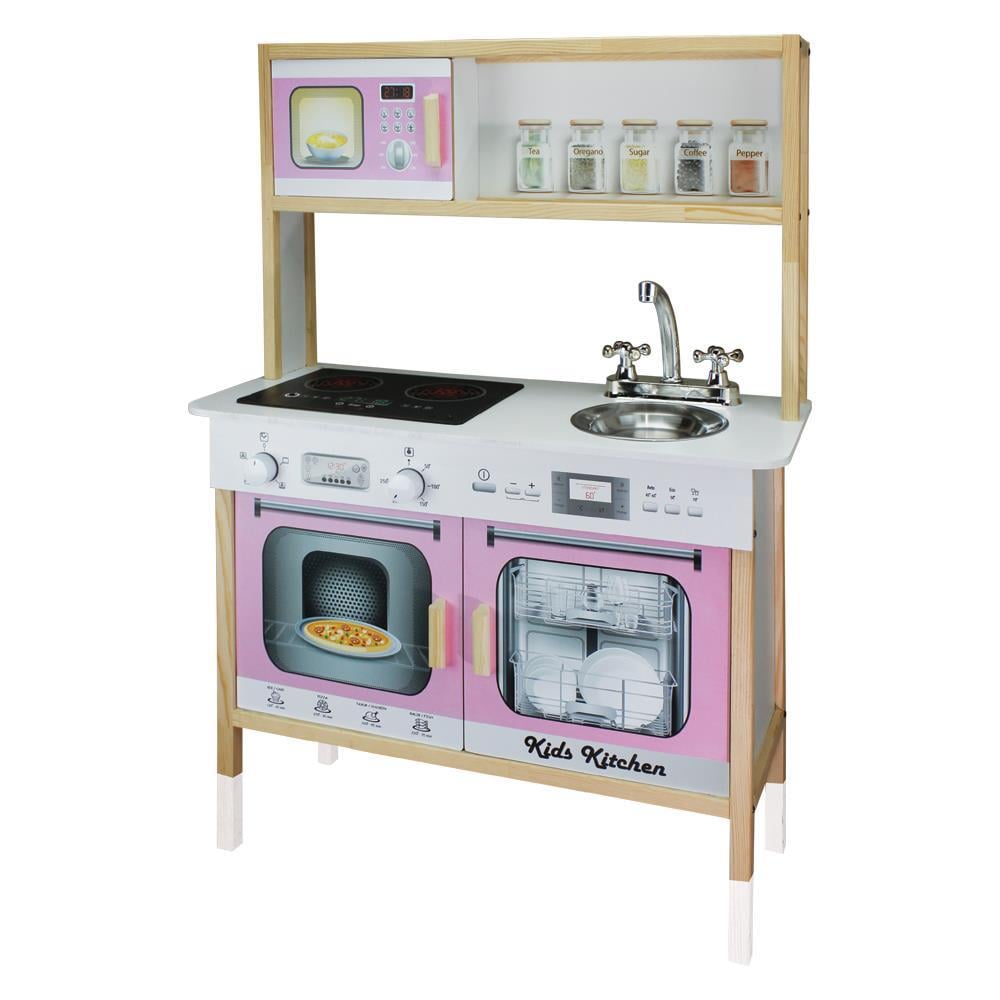ÇG78 Ahşap Ledli Çocuk Mutfağı Pembe, Ahşap Mutfak Oyuncağı, Hediye Çocuk Halısı T1005