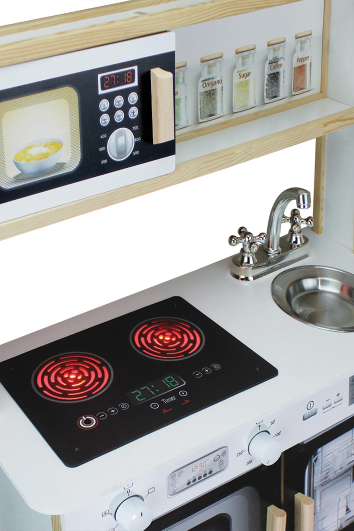 ÇG79 Siyah Ahşap Ledli Çocuk Mutfağı, Ahşap Mutfak Oyuncağı, Hediye Çocuk Halısı T1006