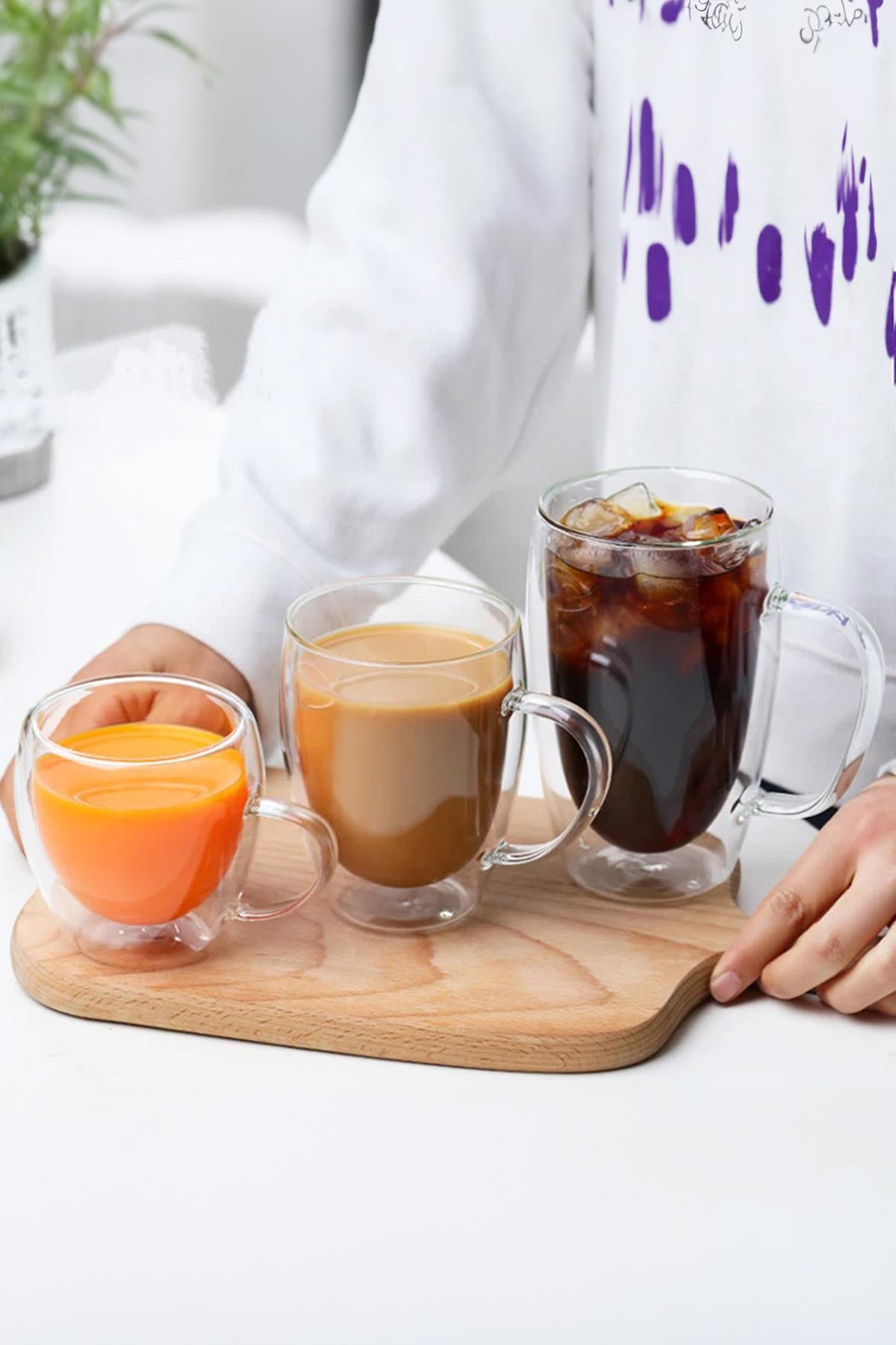 Çift Camlı Çift Cidarlı Cam Kupa Ev Ofis Fincanı 250 Ml Çift Katlı Isı Yalıtımlı Kulplu Cam Bardak