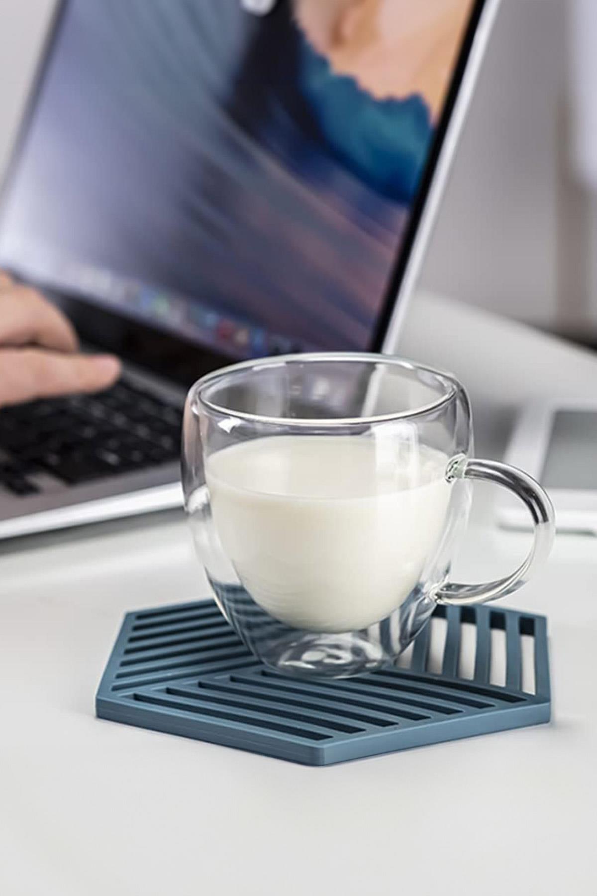 Çift Camlı Çift Cidarlı Cam Kupa Ev Ofis Fincanı 250 Ml Çift Katlı Isı Yalıtımlı Kulplu Cam Bardak