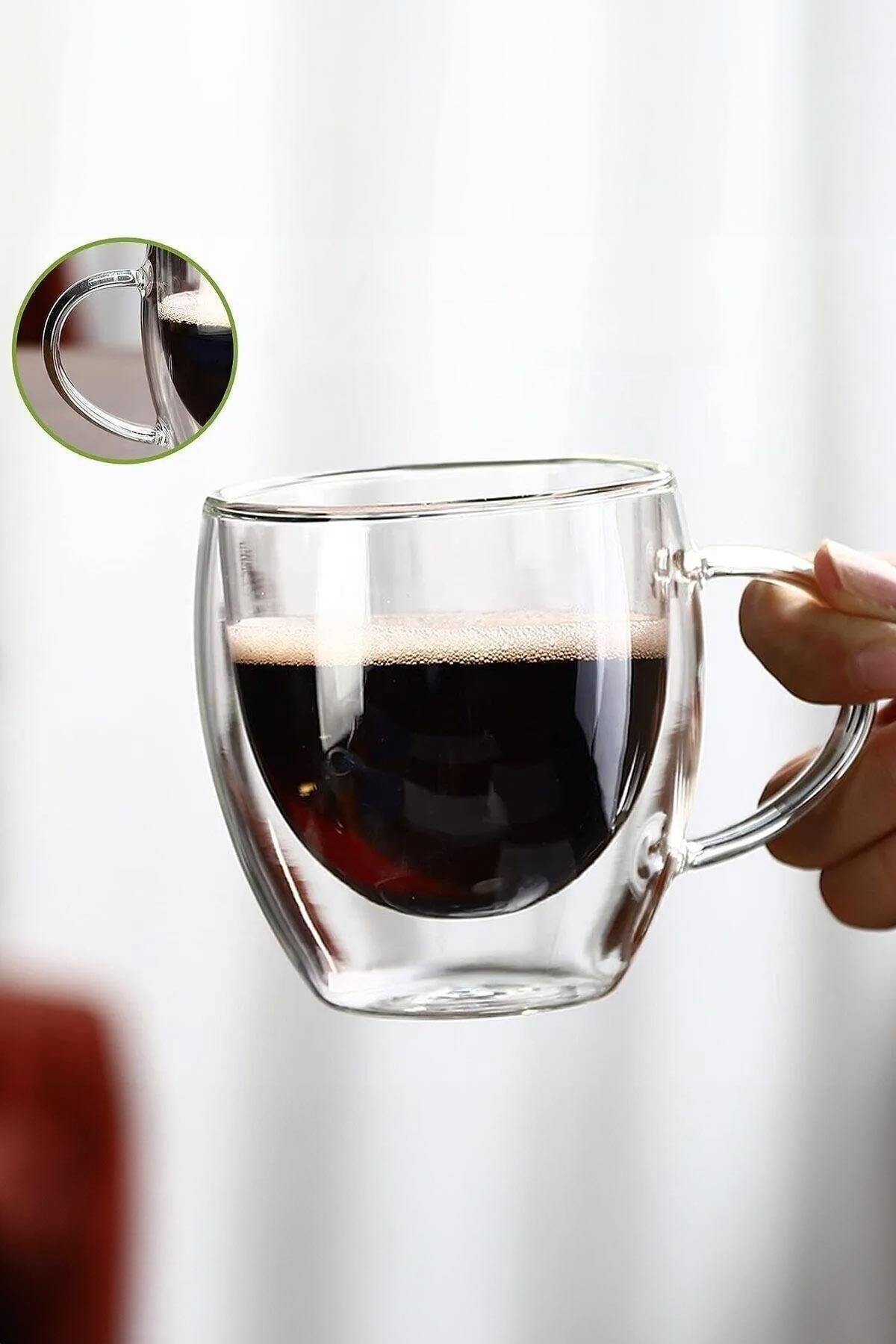 Çift Camlı Çift Cidarlı Cam Kupa Ev Ofis Fincanı 250 Ml Çift Katlı Isı Yalıtımlı Kulplu Cam Bardak