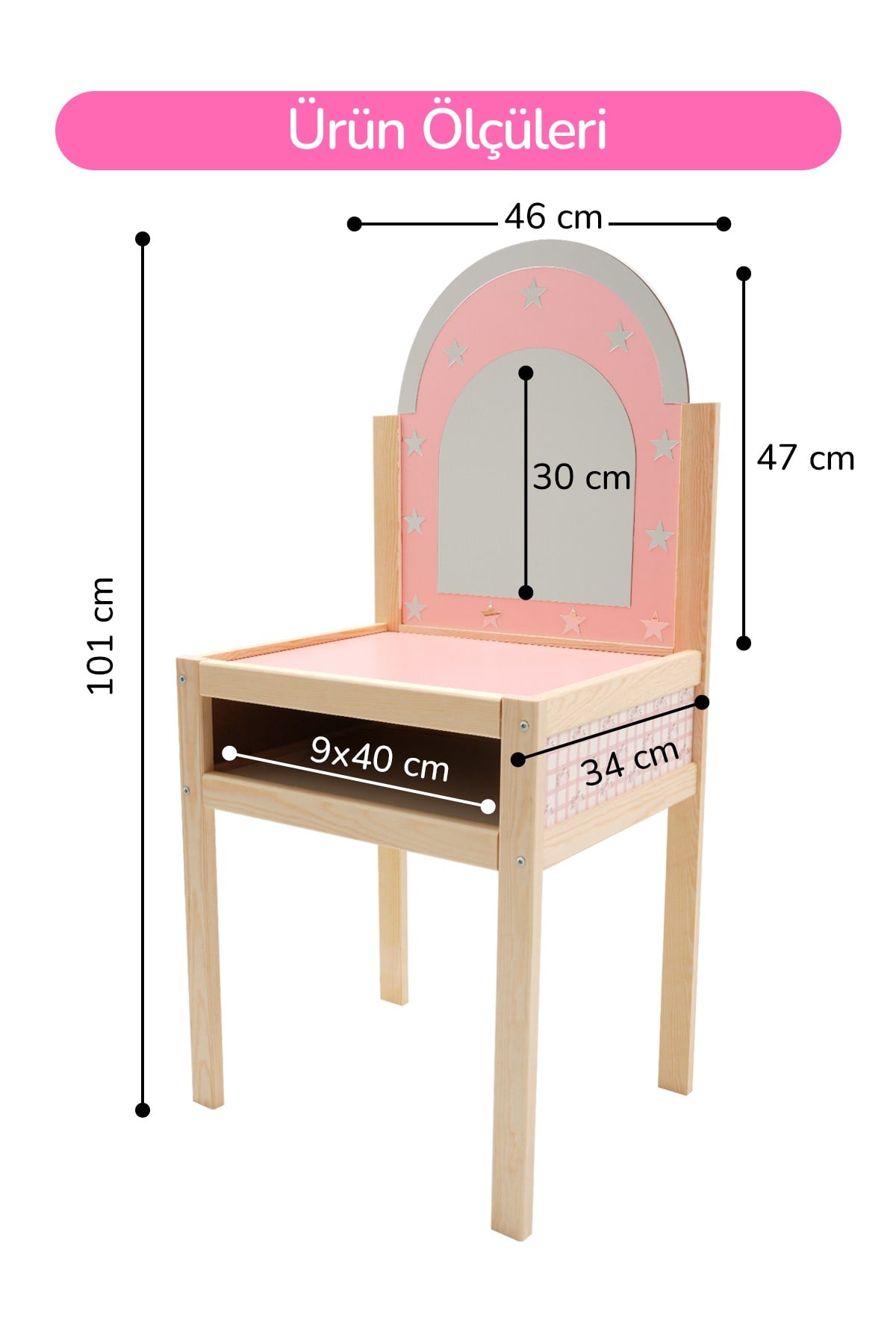 Çocuklar İçin Ahşap Makyaj Masası, Pleksi Aynalı