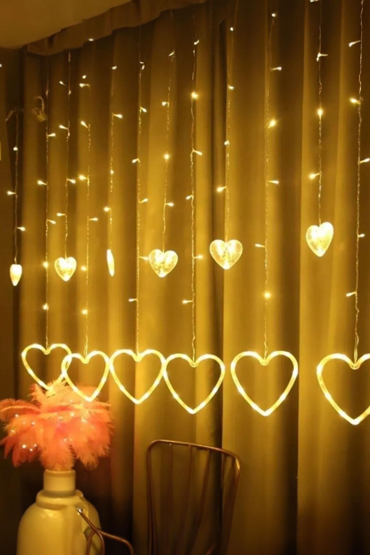 Dekoratif Saçaklı Kablo Kalpli Perde Led, Kalp Perde 2.5 metre