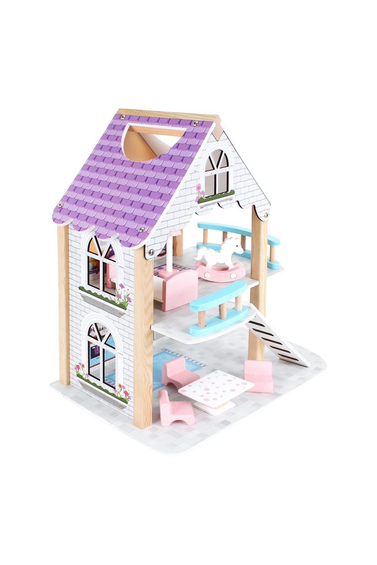 Doğal Ahşap İki Katlı Oyun Evi, Mor Ahşap Oyun Evi T2011