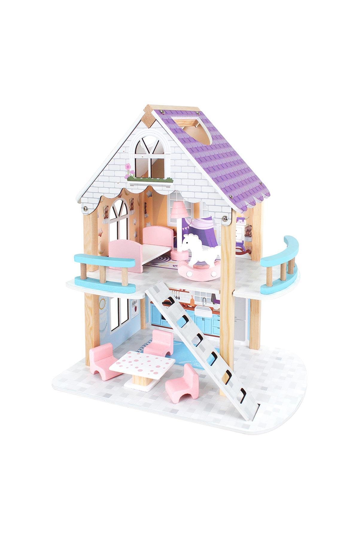Doğal Ahşap İki Katlı Oyun Evi, Mor Ahşap Oyun Evi T2011