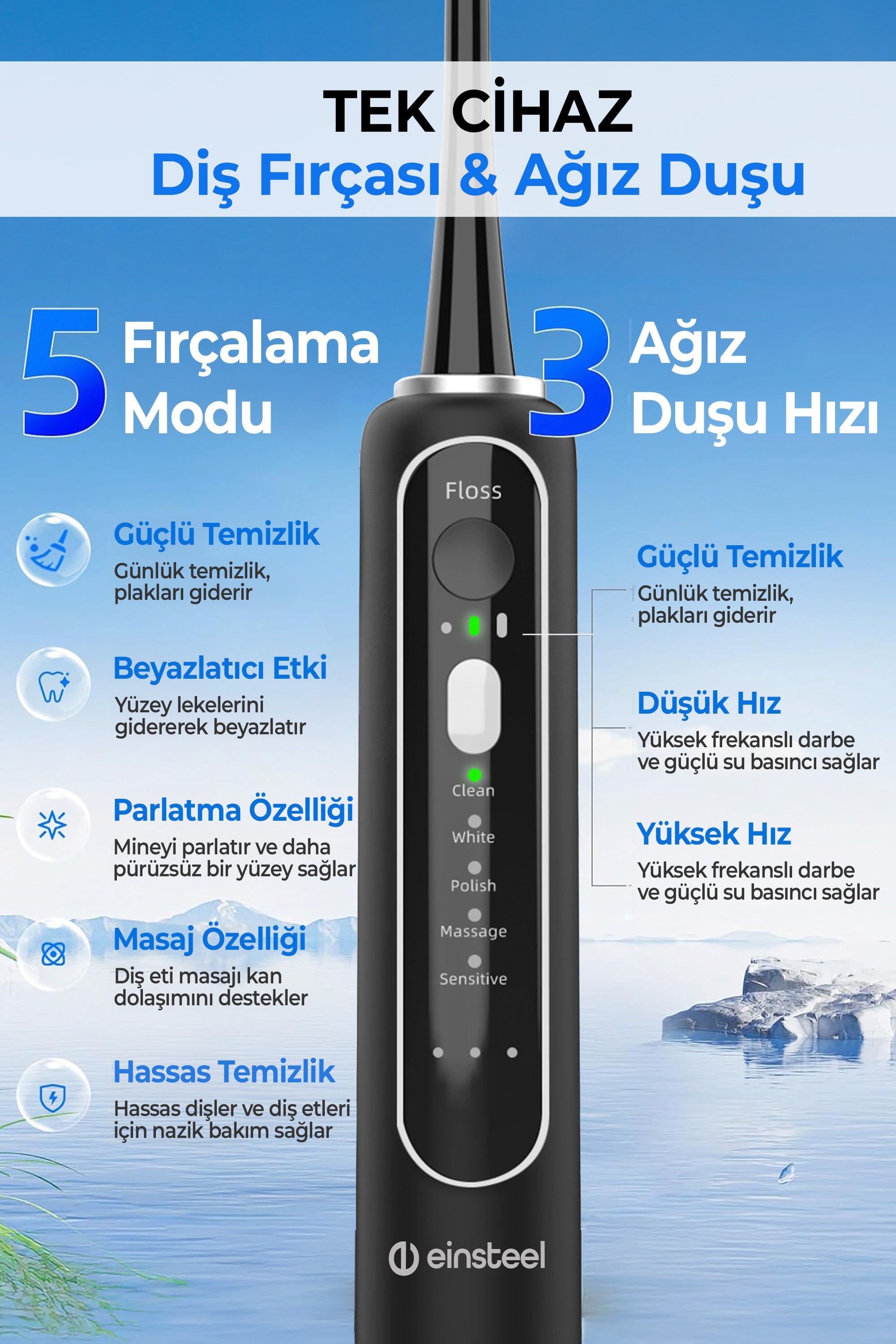 Einsteel Şarj Edilebilir Elektirikli Diş fırçası , Su Püskürtmeli Ağız Duşu ve Diş Temizleme Seti
