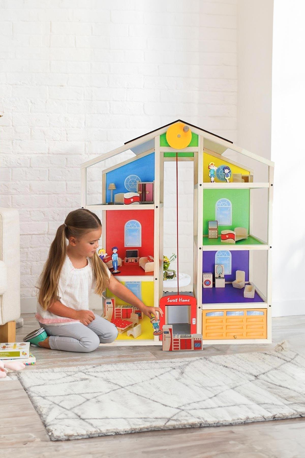 EV19 Ahşap Asansörlü Oyun Evi, Ahşap Oyun Evi Hediye Çocuk Halısı T2005