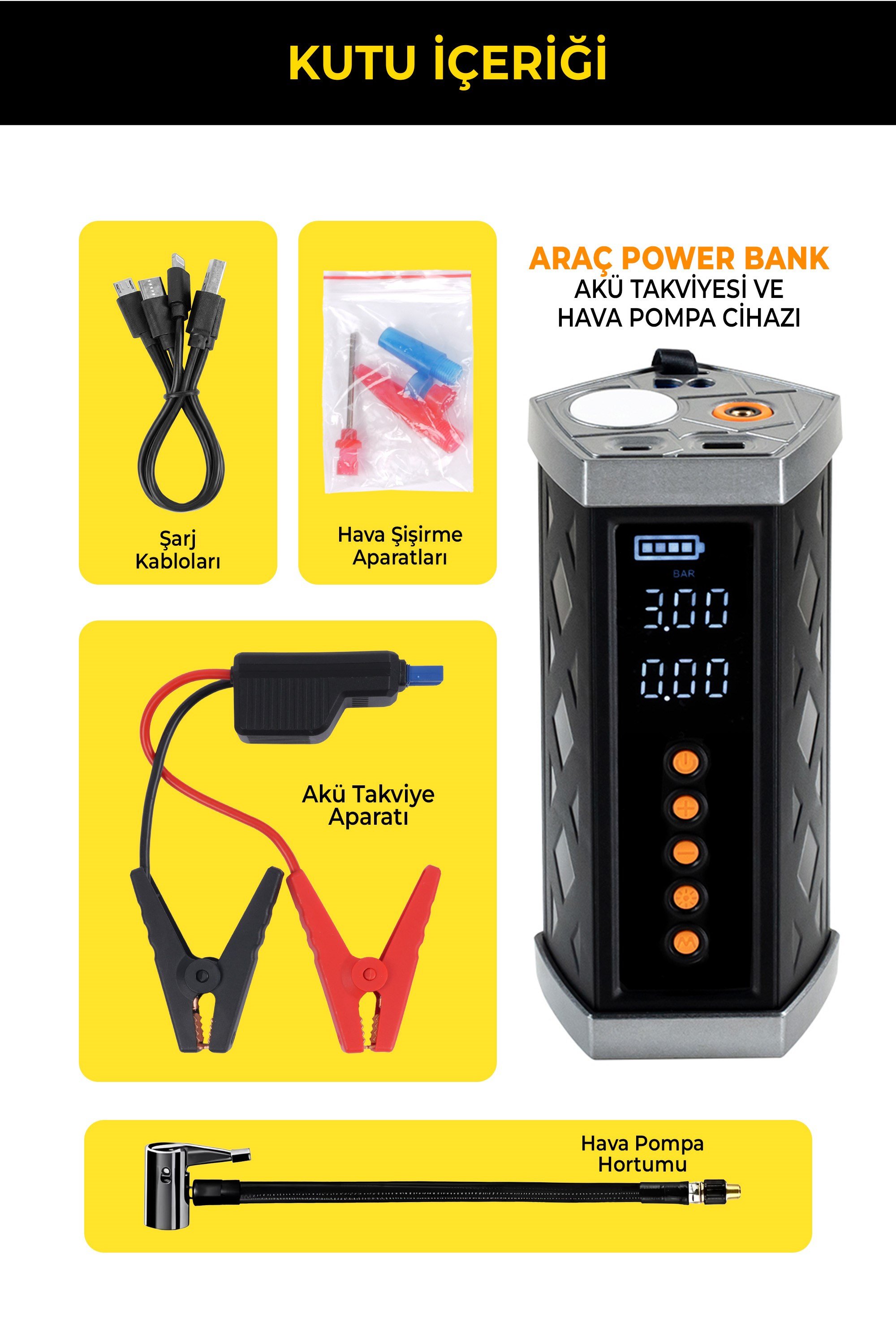 Joyplus Akü Takviye ve Hava Kompresörü 16000 mAh Led Ekran Powerbank