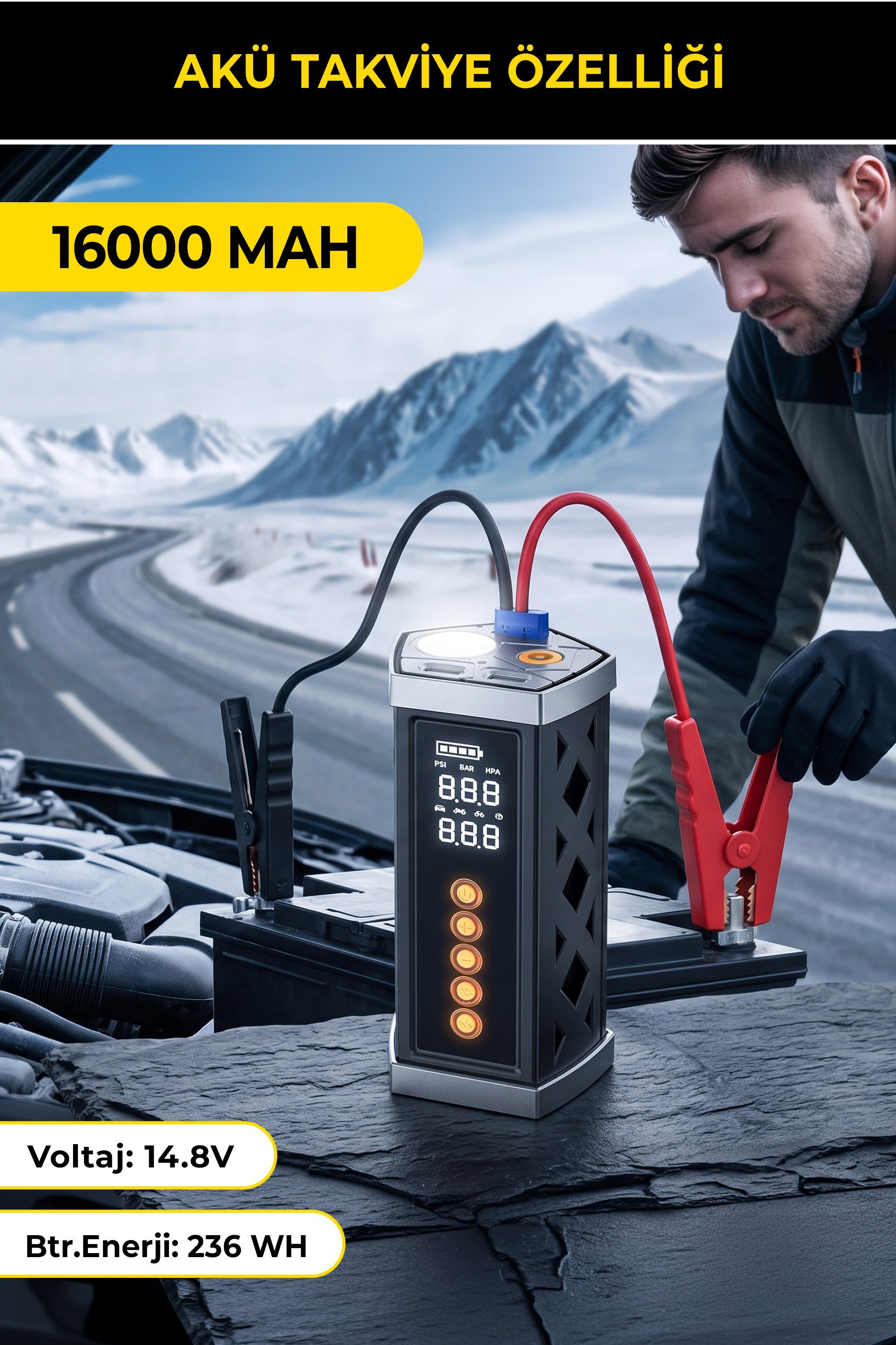 Joyplus Akü Takviye ve Hava Kompresörü 16000 mAh Led Ekran Powerbank