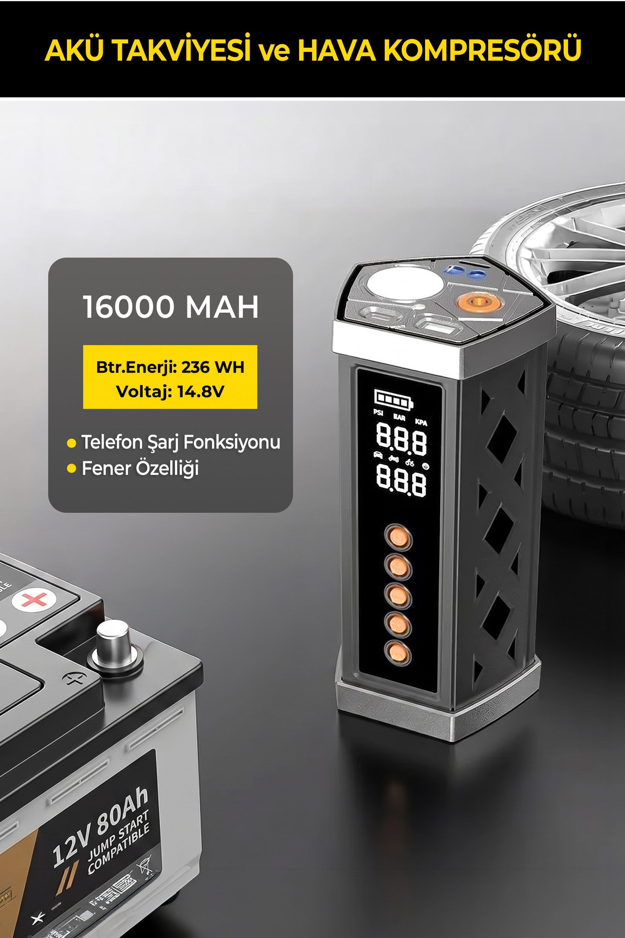 Joyplus Akü Takviye ve Hava Kompresörü 16000 mAh Led Ekran Powerbank
