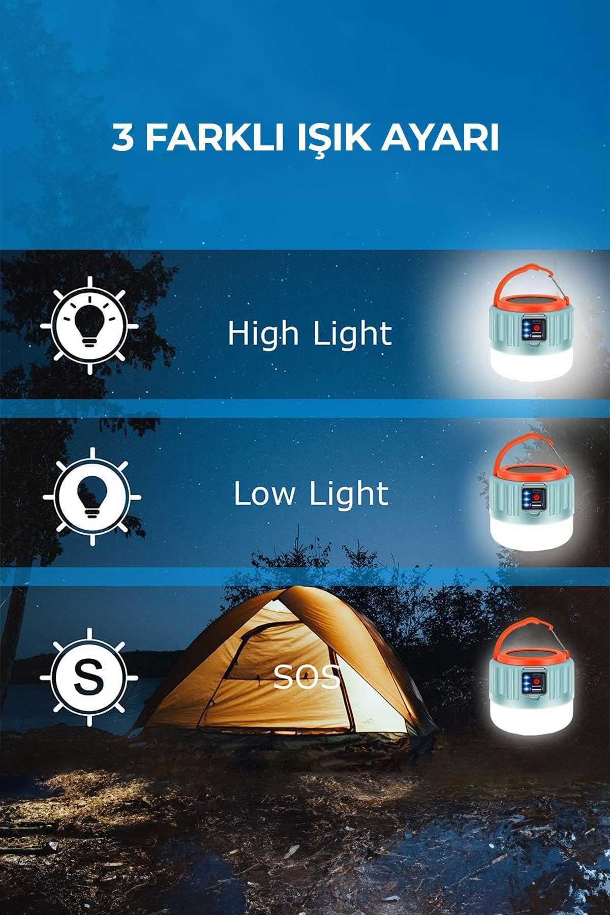 Kamp Lambası Ledli El Feneri Işıldak Güneş Enerjili Şarjlı Pilli Portatif Gece Lambası DG1262