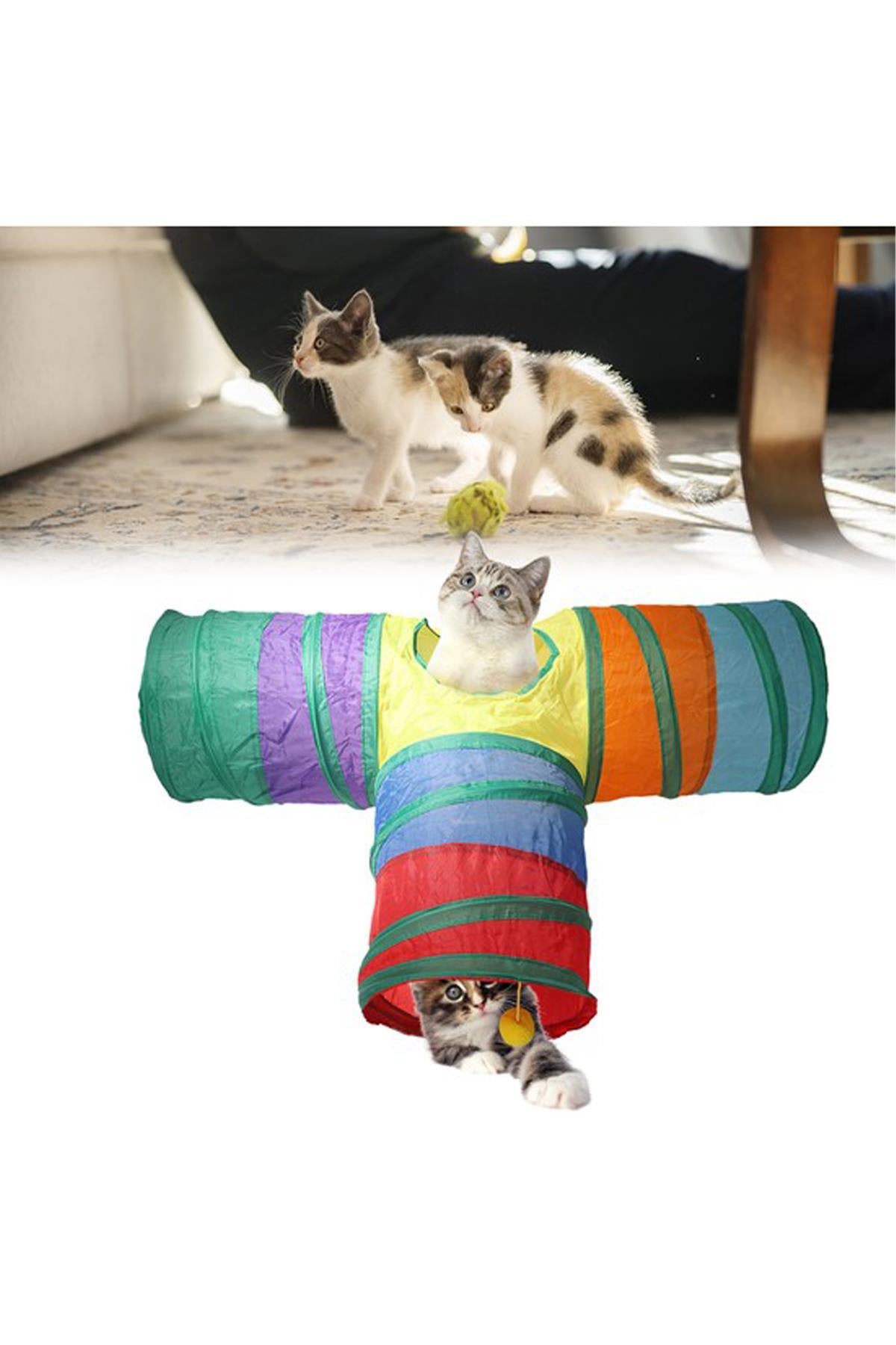 Katlanabilir 3 Yönlü Kedi Oyun Tüneli 80 Cm Gökkuşağı 2112