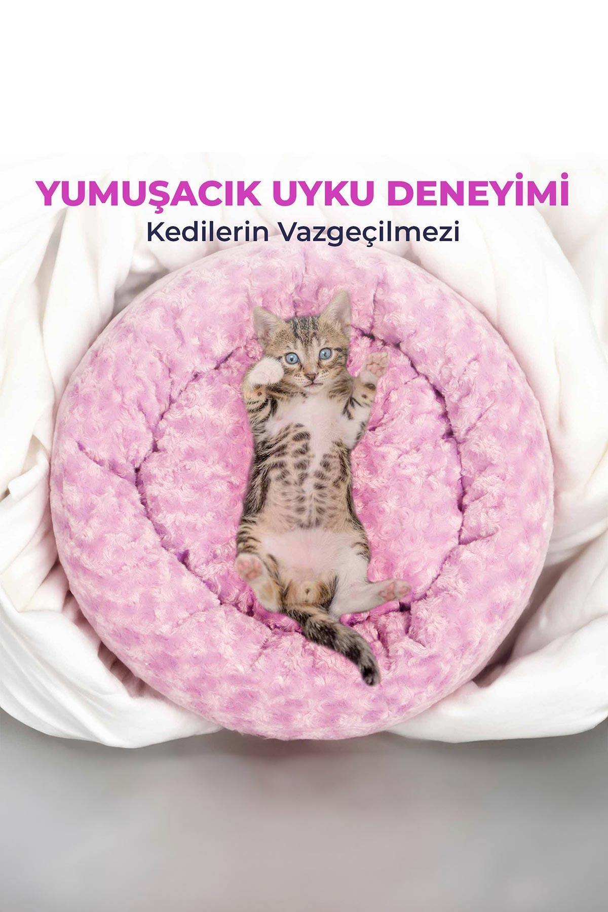Kedi Köpek Yuvarlak Yatak Peluş, Kedi Köpek Yatağı, Simit Yatak Pembe 50x40x12 cm