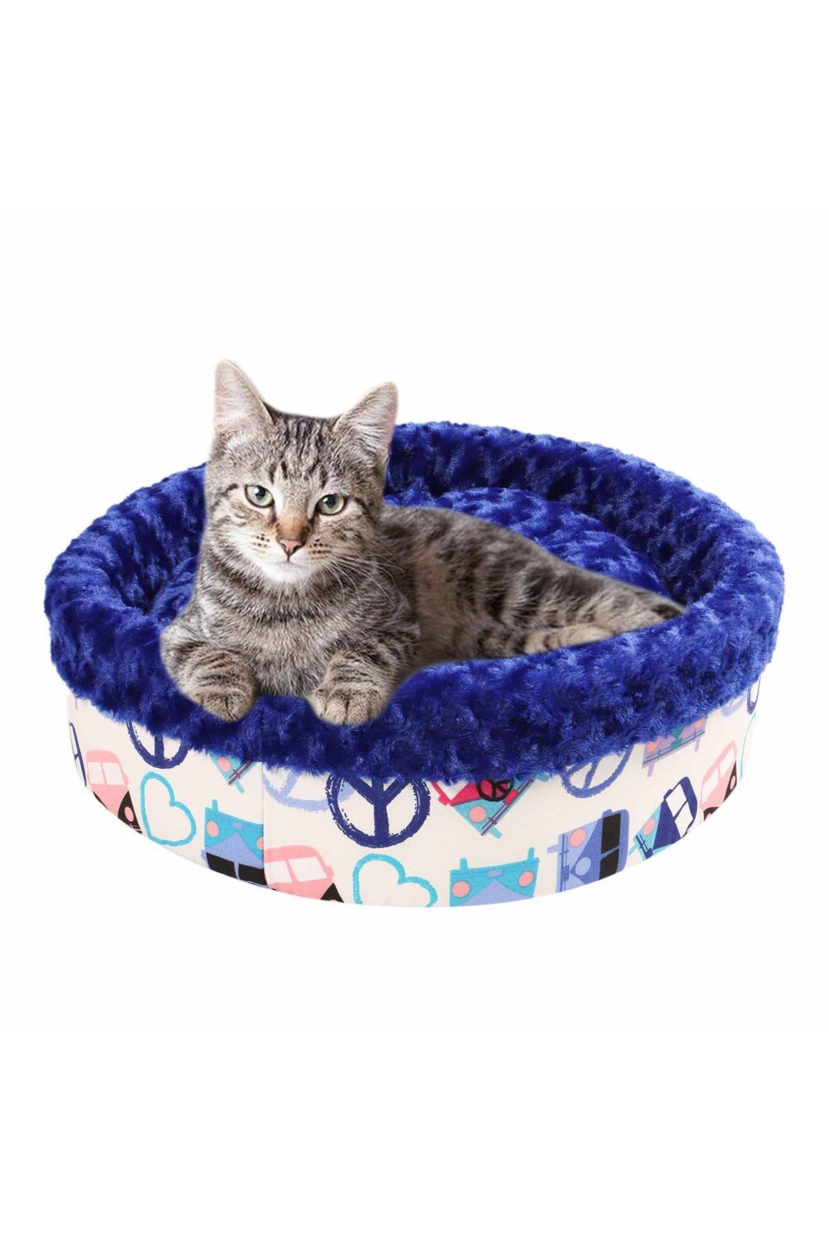 Kedi Köpek Yuvarlak Yatak Peluş, Kedi Köpek Yatağı, Speciel Yatak Mavi 50x40x15