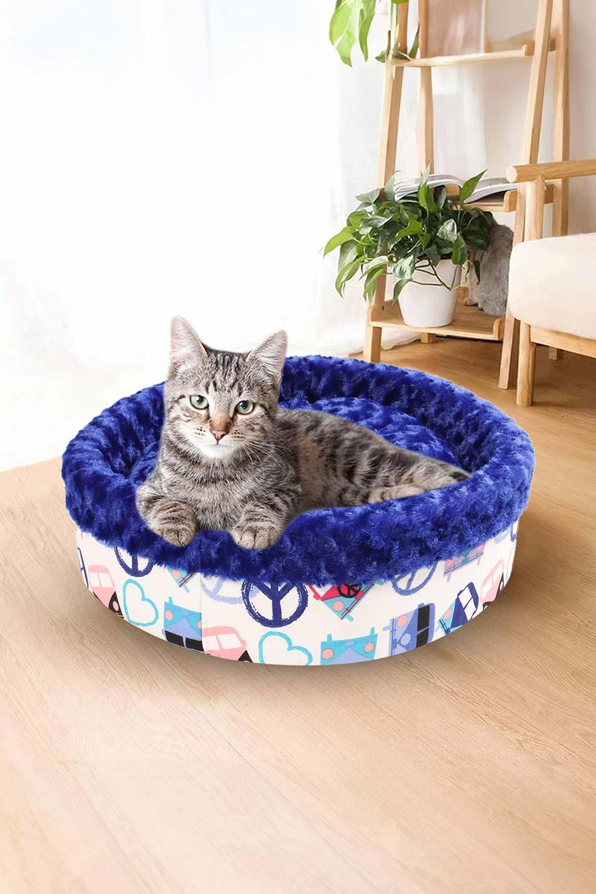 Kedi Köpek Yuvarlak Yatak Peluş, Kedi Köpek Yatağı, Speciel Yatak Mavi 50x40x15
