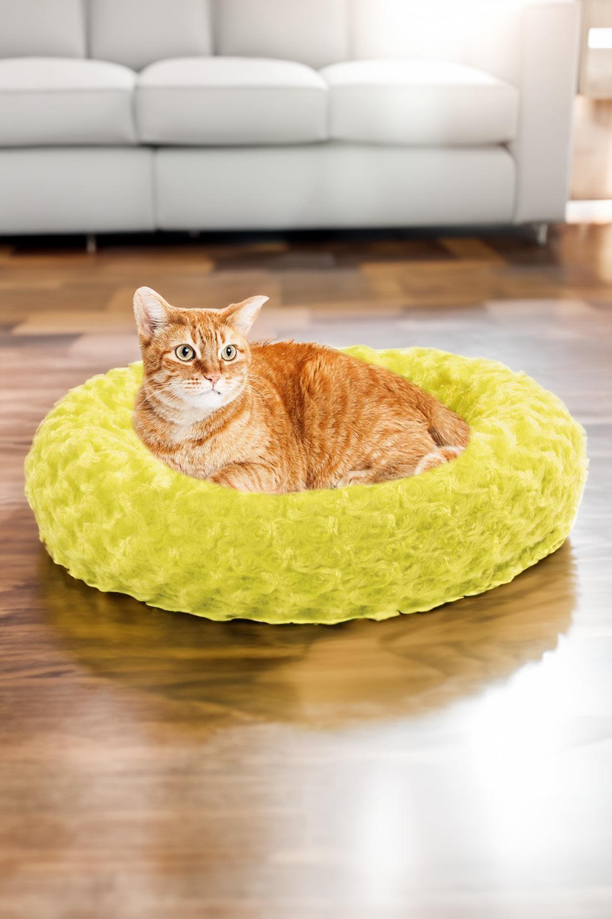 Kedi Köpek Yuvarlak Yatak Peluş, Kedi Köpek Yatağı, Simit Yatak Sarı 50x40x12 cm